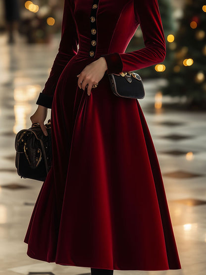 【24-hour shipping】Fashion Retro Ankola Red Velvet Single-Breasted Long-Sleeved Midi Dress