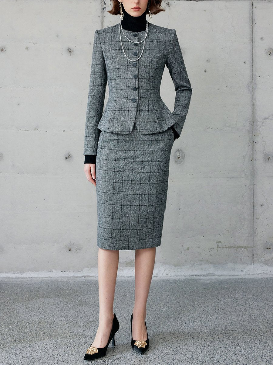 Retro Exquisite Elegant Plaid Pencil Skirt Suit