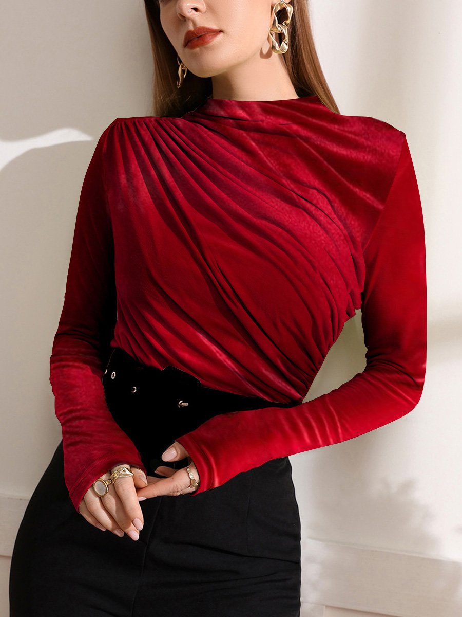 Velvet Pleated Half Turtleneck Long Sleeve Bottoming Shirt