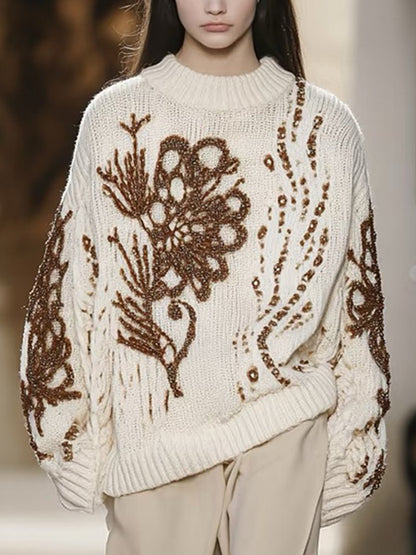 High-End Fashionable Loose Beige Pullover Knitted Sweater