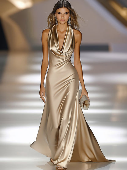 Elegant and Luxurious Cowl-neck Champagne Gold Satin Maxi Dress