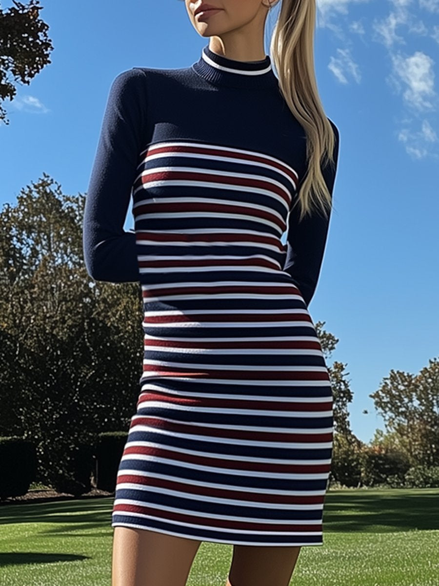 Casual And Fashionable Sports Style Red And Blue Striped Polo Mini Dress