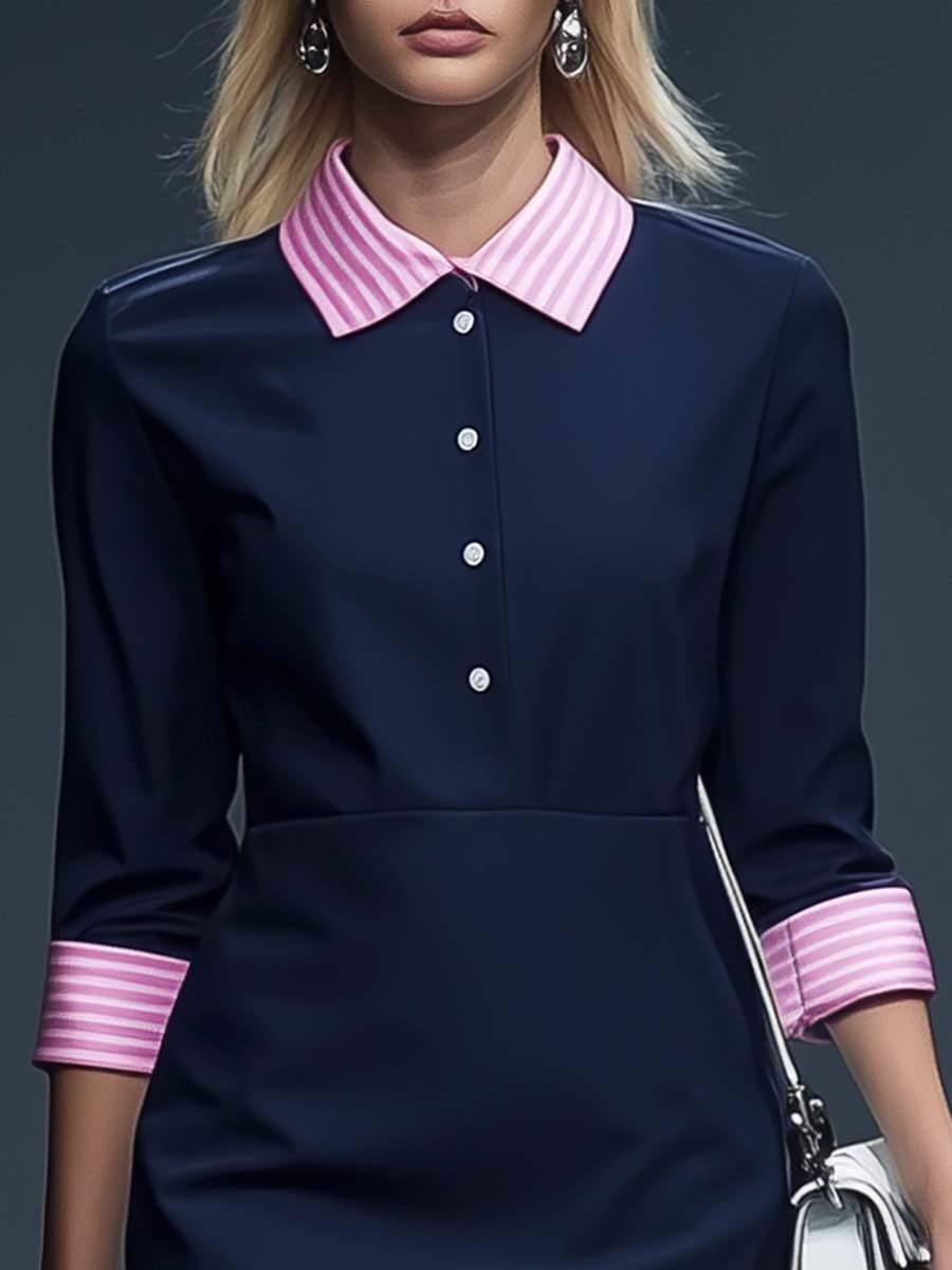 Elegant Commuter Pink Striped Shirt Collar Contrast Navy Blue Mini Dress