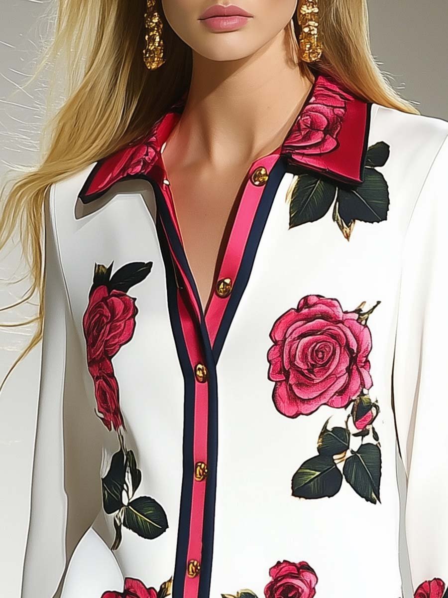 Fashionable Personality Hot Pink Contrast Edge Rose Print White Shirt