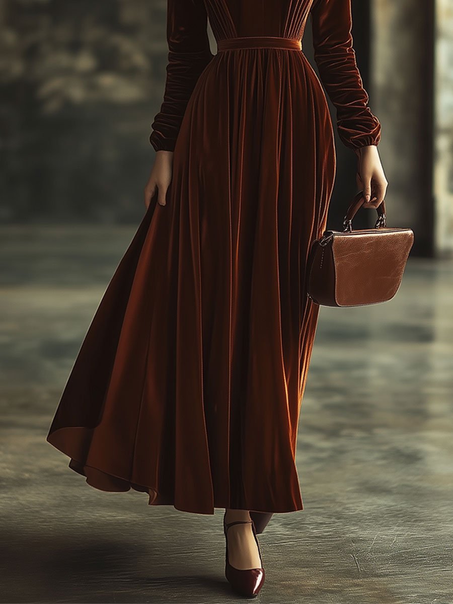 V-Neck Solid Color Simple Party Long Sleeve Maxi Dress