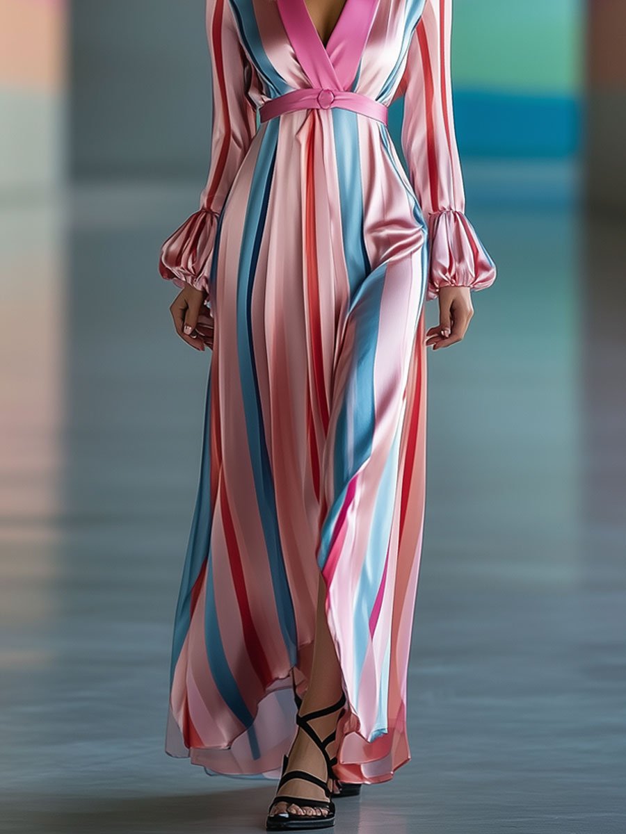 Fashion Party Pink Blue Striped Printed Satin V-Neck Long Sleeve Maxi Dress