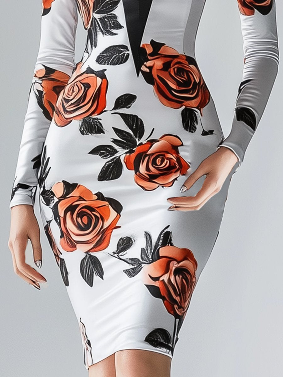 Charming Rose Printed V-neck Satin Midi Dress