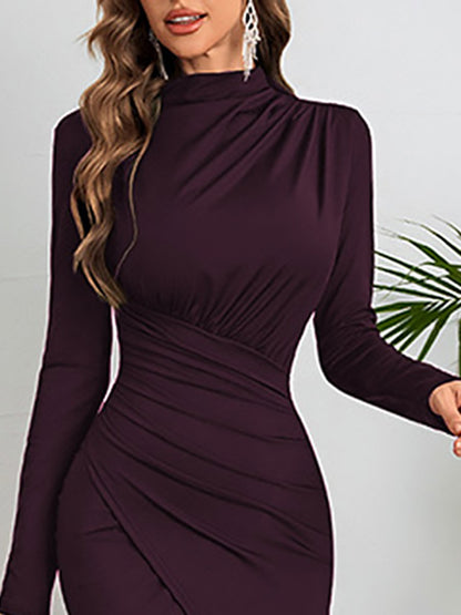 Fashionable Temperament High Neck Gathered Slit Long Sleeve Maxi Dress