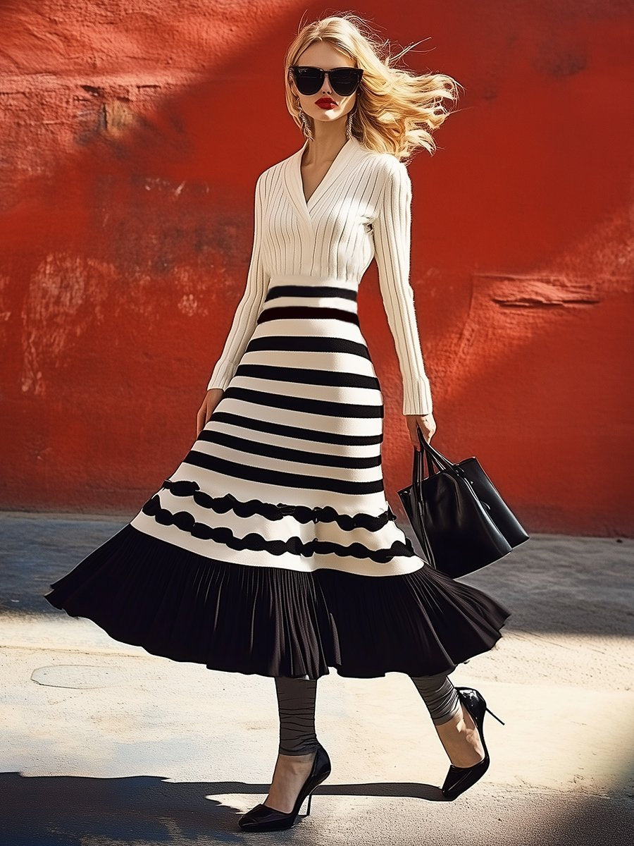 High-End Fashion Lazy Lapel Black And White Striped Maxi Dress