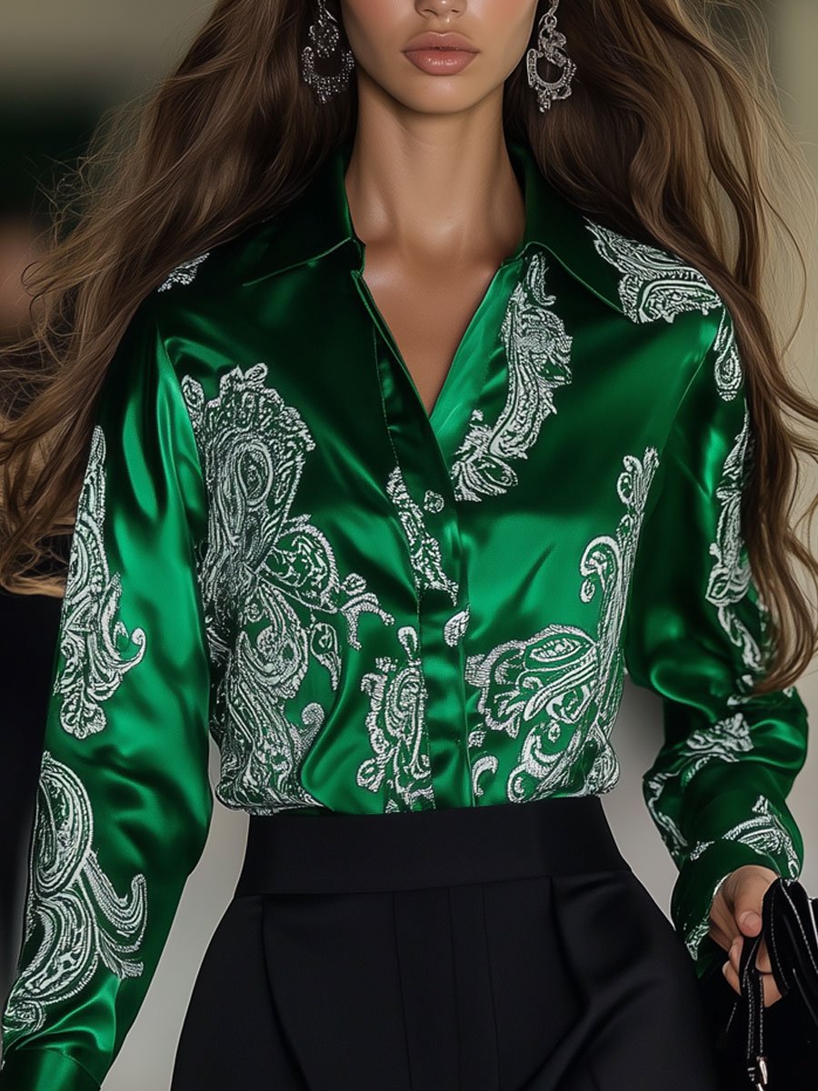 Casual Loose Retro Cashew Flower Print Green Satin Long Sleeve Blouse