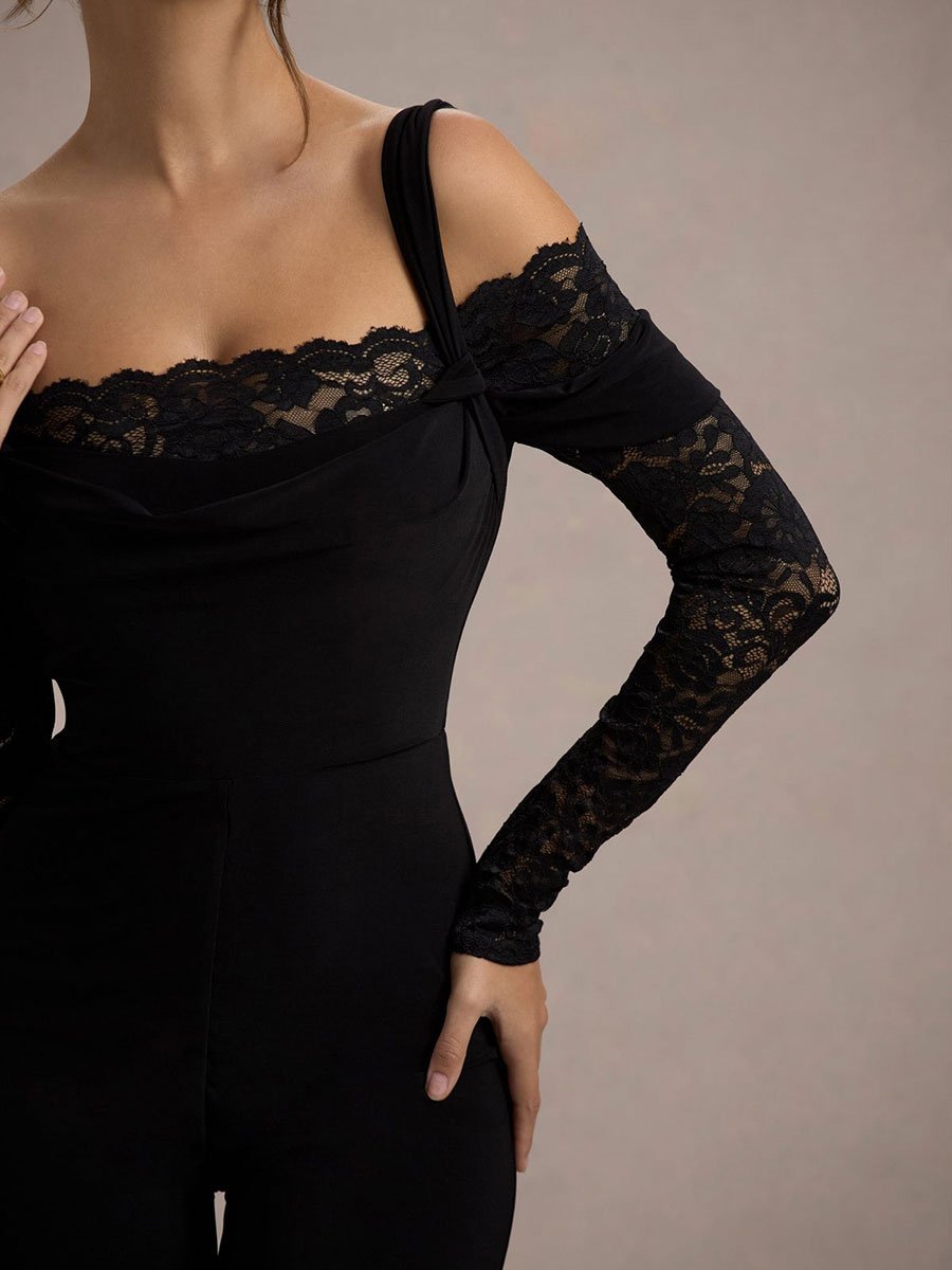 Fashion Party Lace Stitching Off-the-shoulder Long-sleeved Wide-leg Flared Jumpsuit