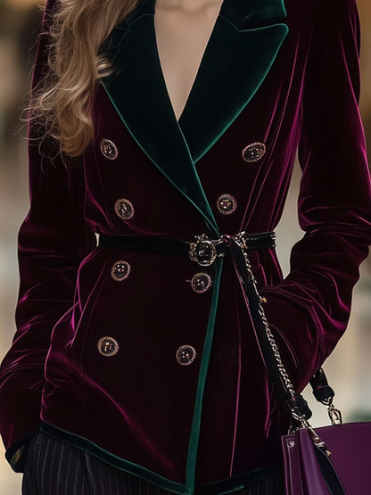 Casual Loose Retro Velvet Burgundy And Green Stitching Double-Breasted Blazer