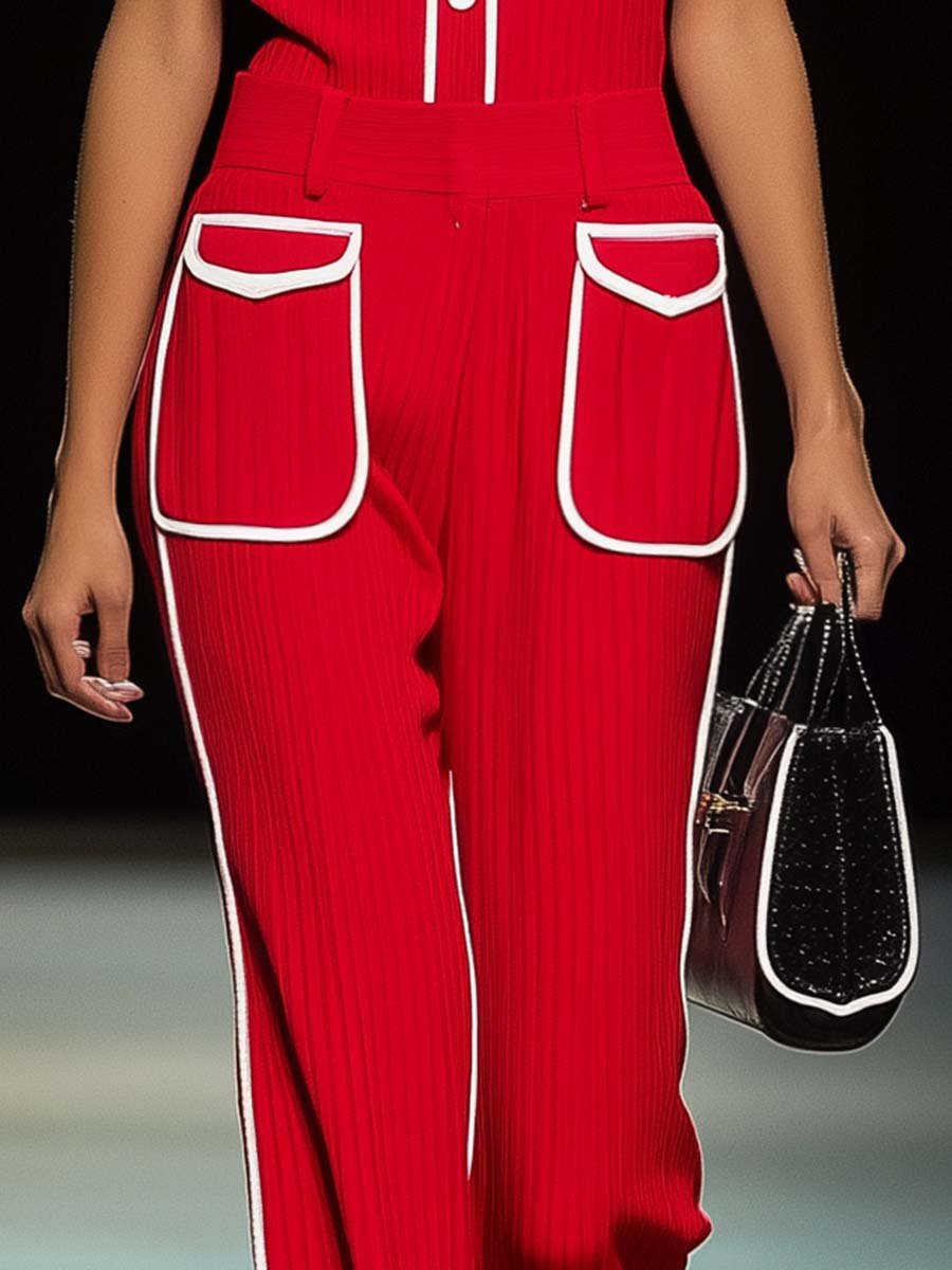 Fashionable Personality Slit White Trim Red Texture Pants