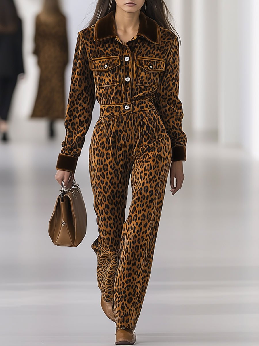 Casual Loose Retro Velvet Leopard Print Patchwork Long-Sleeved Jumpsuit