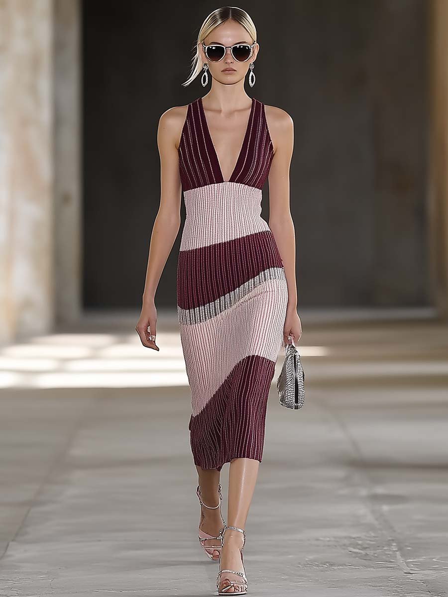 Elegant Vest-style V-neck Burgundy and Light Pink Contrast Knitted Midi Dress