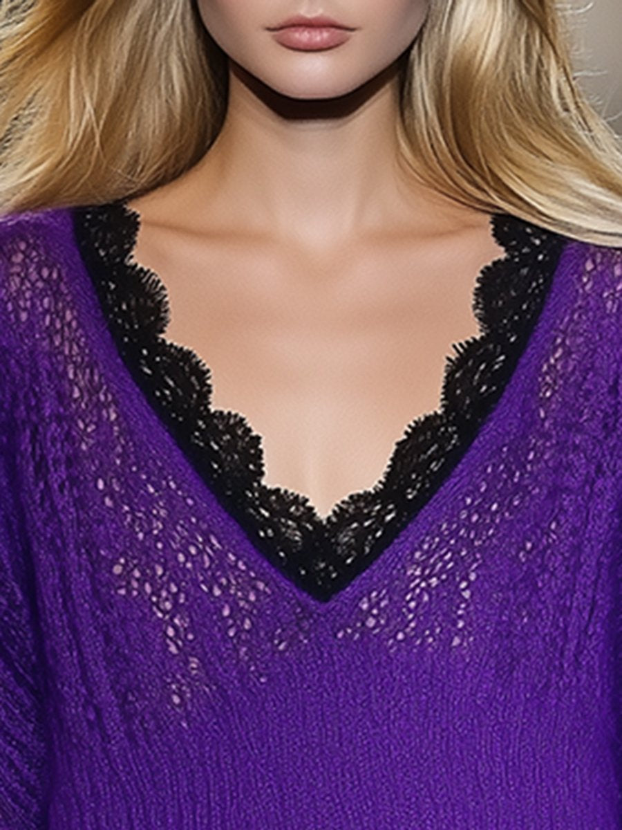 High-end loose lazy lace splicing V-neck purple sweater