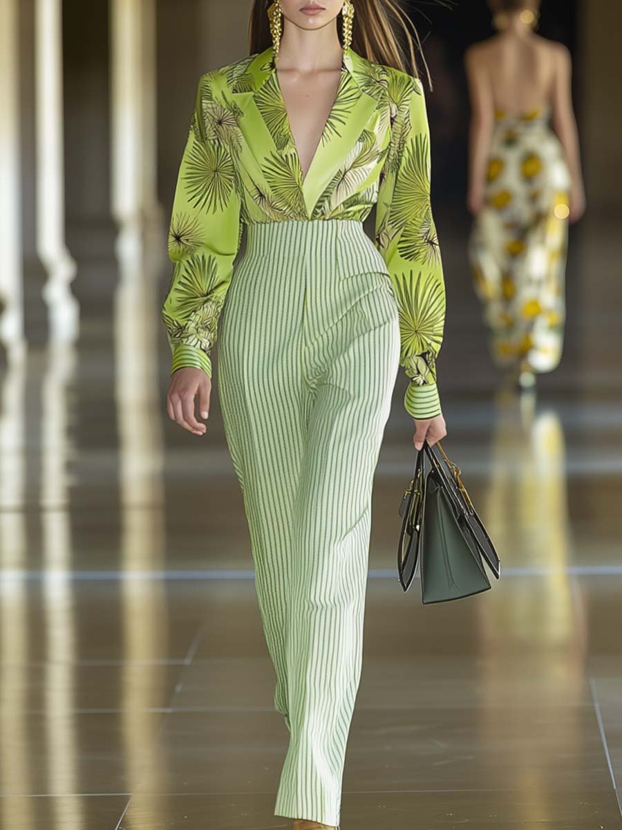 Fresh V-neck Printed Striped Contrasting Yellow-green Jumpsuit