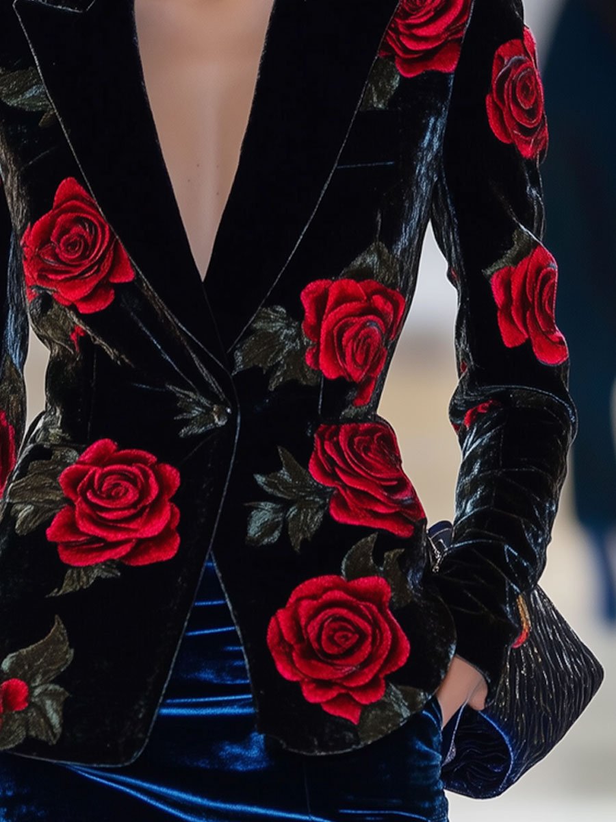 Casual Loose Retro Black Velvet Red Rose Print Blazer