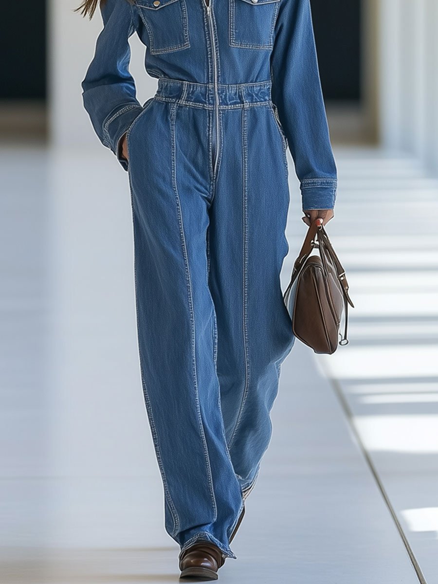 Casual Loose Vintage Denim Multi-Pocket Zipper Lapel Jumpsuit