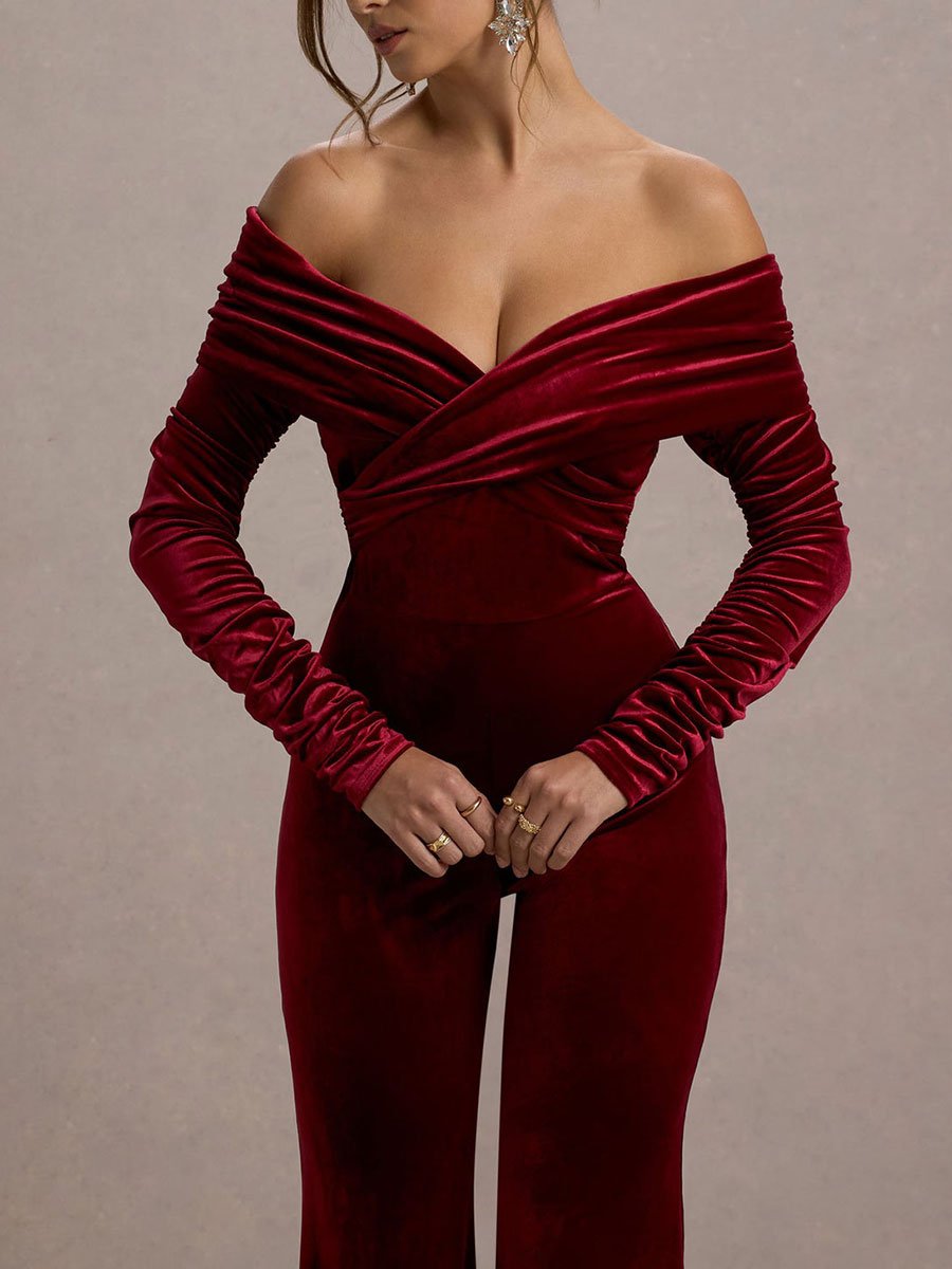 Fashion Retro Wine Red Velvet Cross-Shoulder Long-Sleeved Flared Jumpsuit