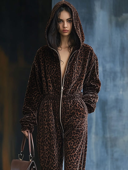 【24-hour shipping】Casual Loose Vintage Velvet Leopard Print Elastic Waist Zipper Hooded Jumpsuit