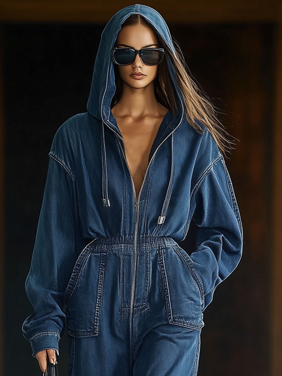 【24-hour shipping】Casual Loose Retro Elastic Waist Zipper Long Sleeve Hooded Denim Jumpsuit