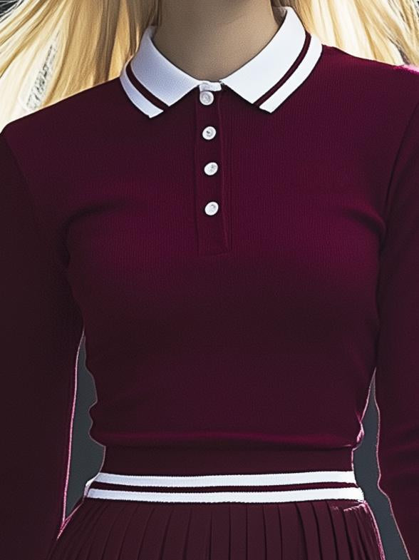 Fashionable Sports Lapel Burgundy Polo Long Sleeve Mini Dress