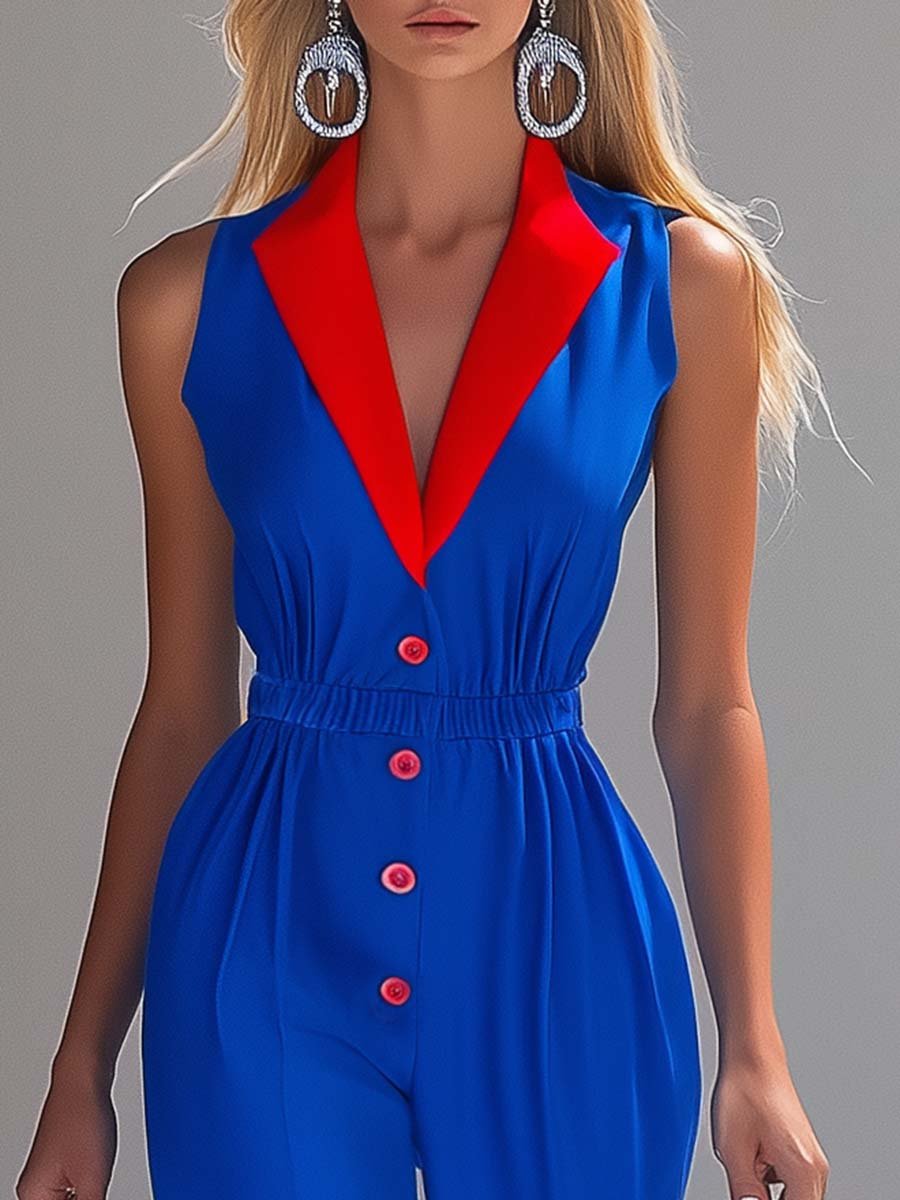 Fashionable and Personalized Sleeveless Contrast Color V-neck Blue Jumpsuit