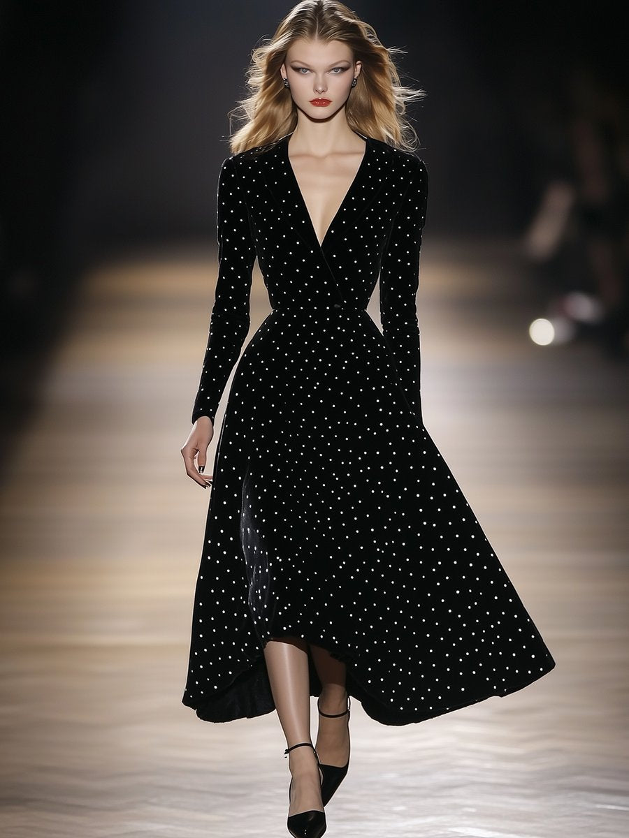 High-End Fashionable And Elegant Polka Dot A-Line Velvet Midi Dress