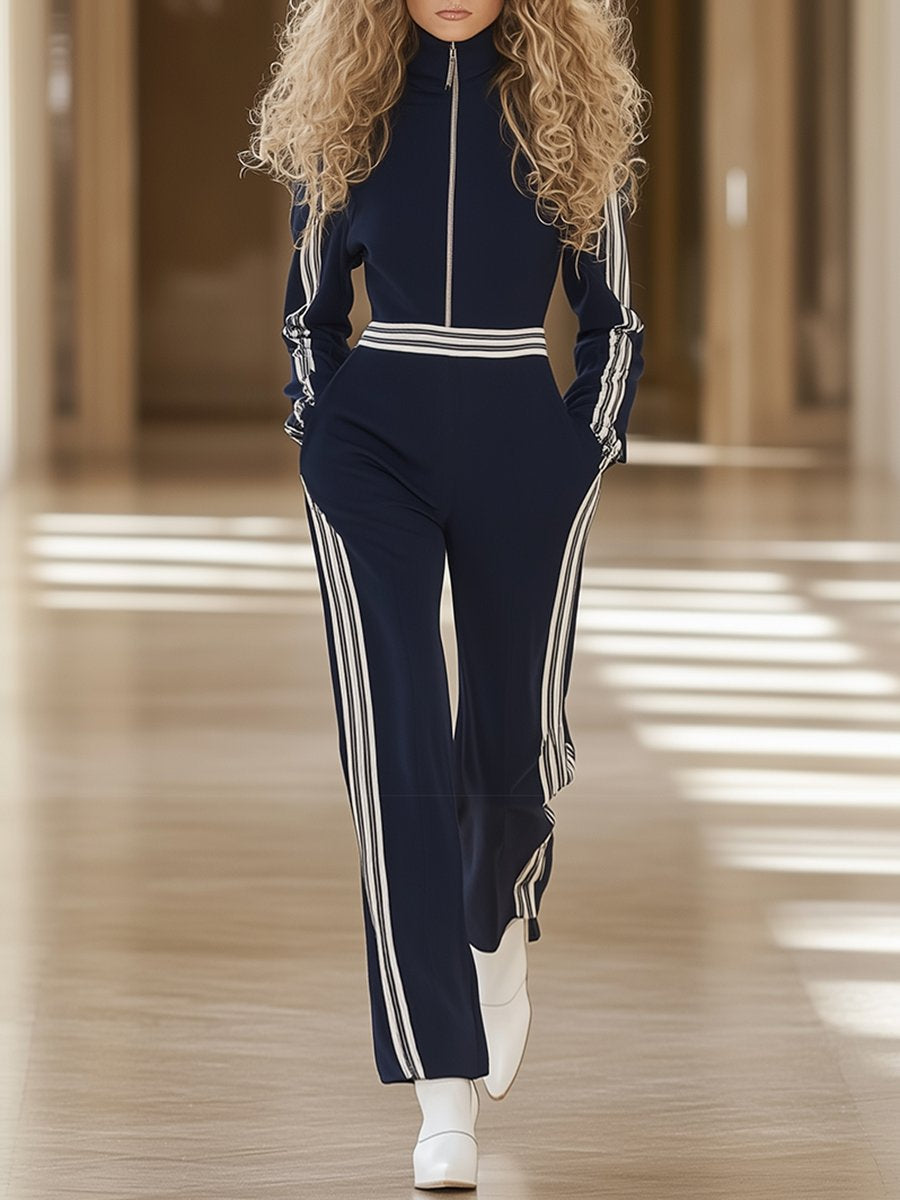 Casual And Stylish Half-Zip Navy Blue Wide-Leg Jumpsuit