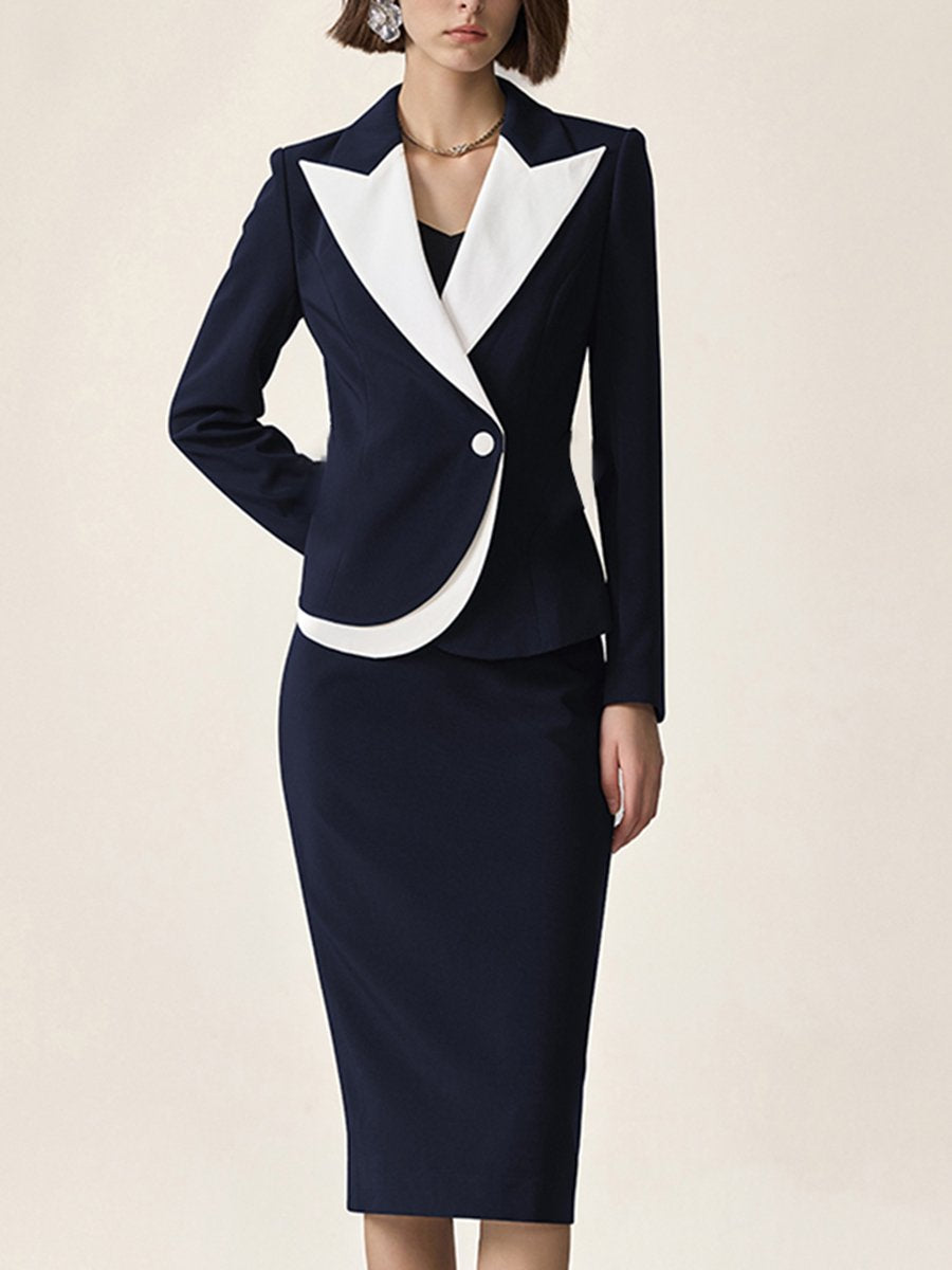 High-End Fashion Temperament Lapel Dark Blue Contrast Suit Skirt Set