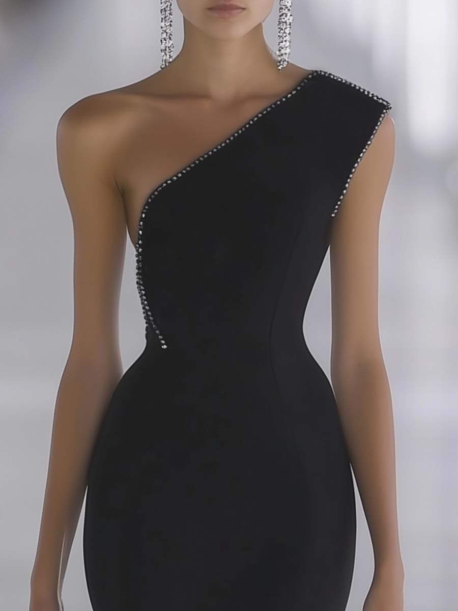 Elegant and Fashionable One-shoulder Fishtail Black Midi Dress