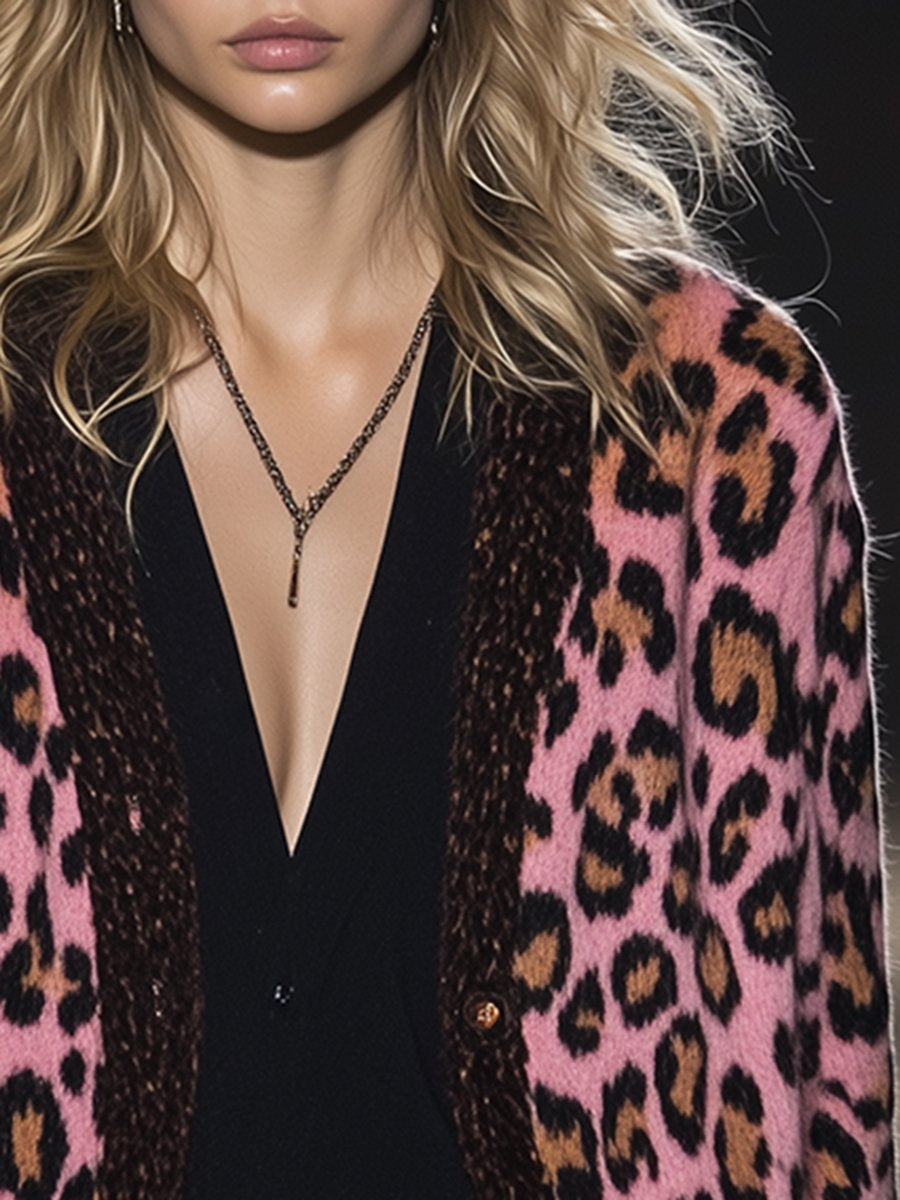 Retro Loose Lazy Style V-Neck Leopard Print Knit Cardigan