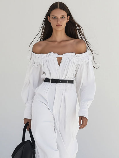 Casual Loose Retro White Corduroy Ruffled Off-Shoulder Long-Sleeved Jumpsuit