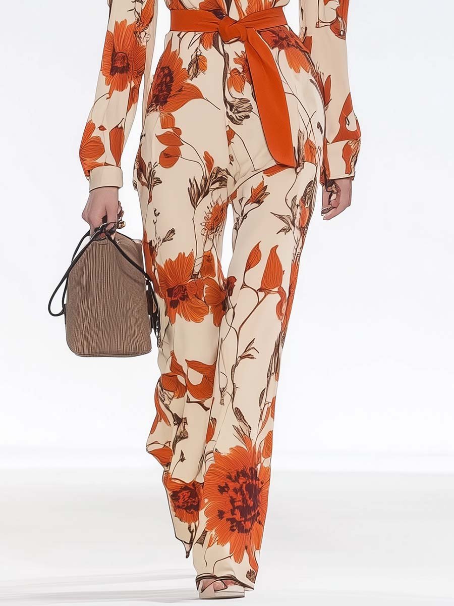 Romantic Personality Lapel Beige Orange Floral Print Jumpsuit