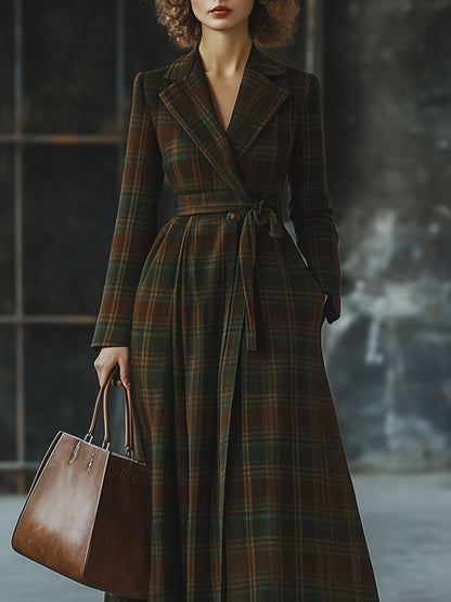 Casual Loose Retro Wool Plaid Lapel Pocket Tie Coat