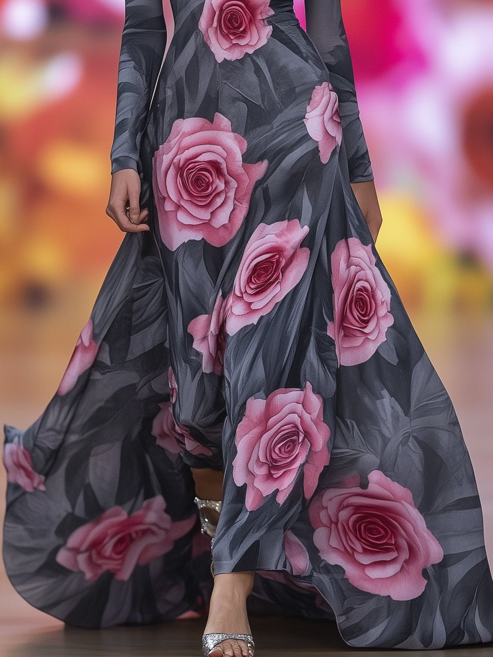 Romantic Pink Rose Print V-Neck Grey Long Sleeve Maxi Dress