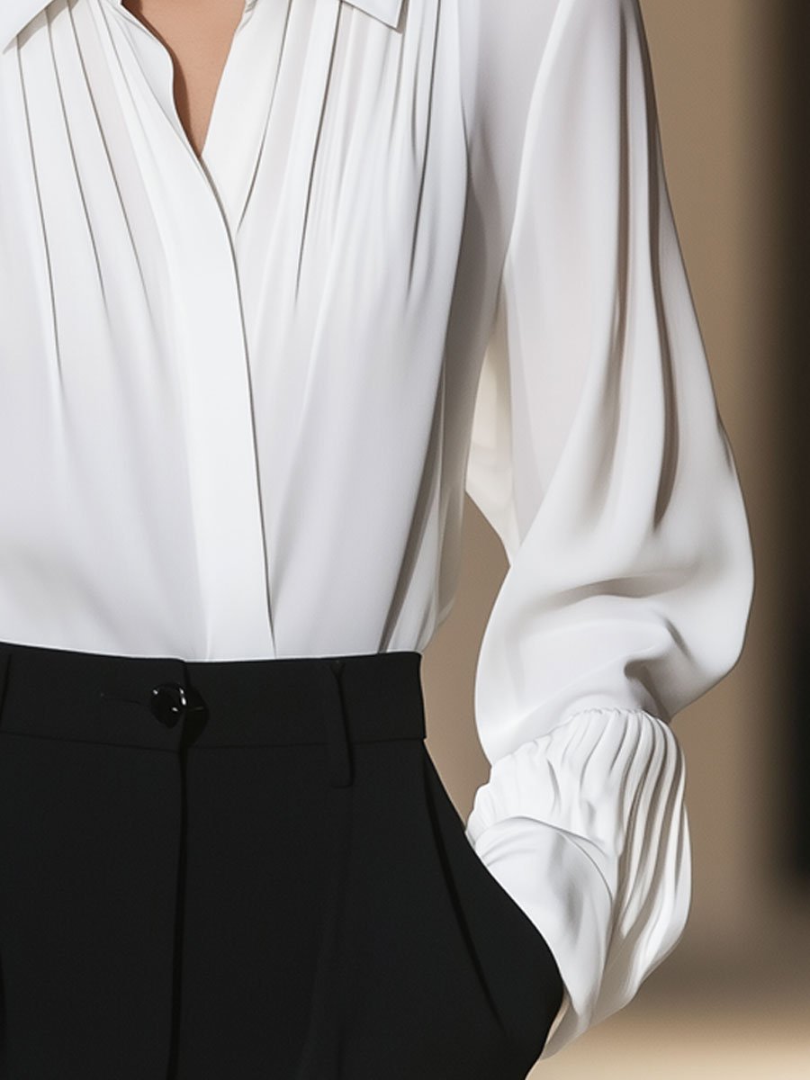 Loose Chiffon Pleated White Long Sleeve Blouse