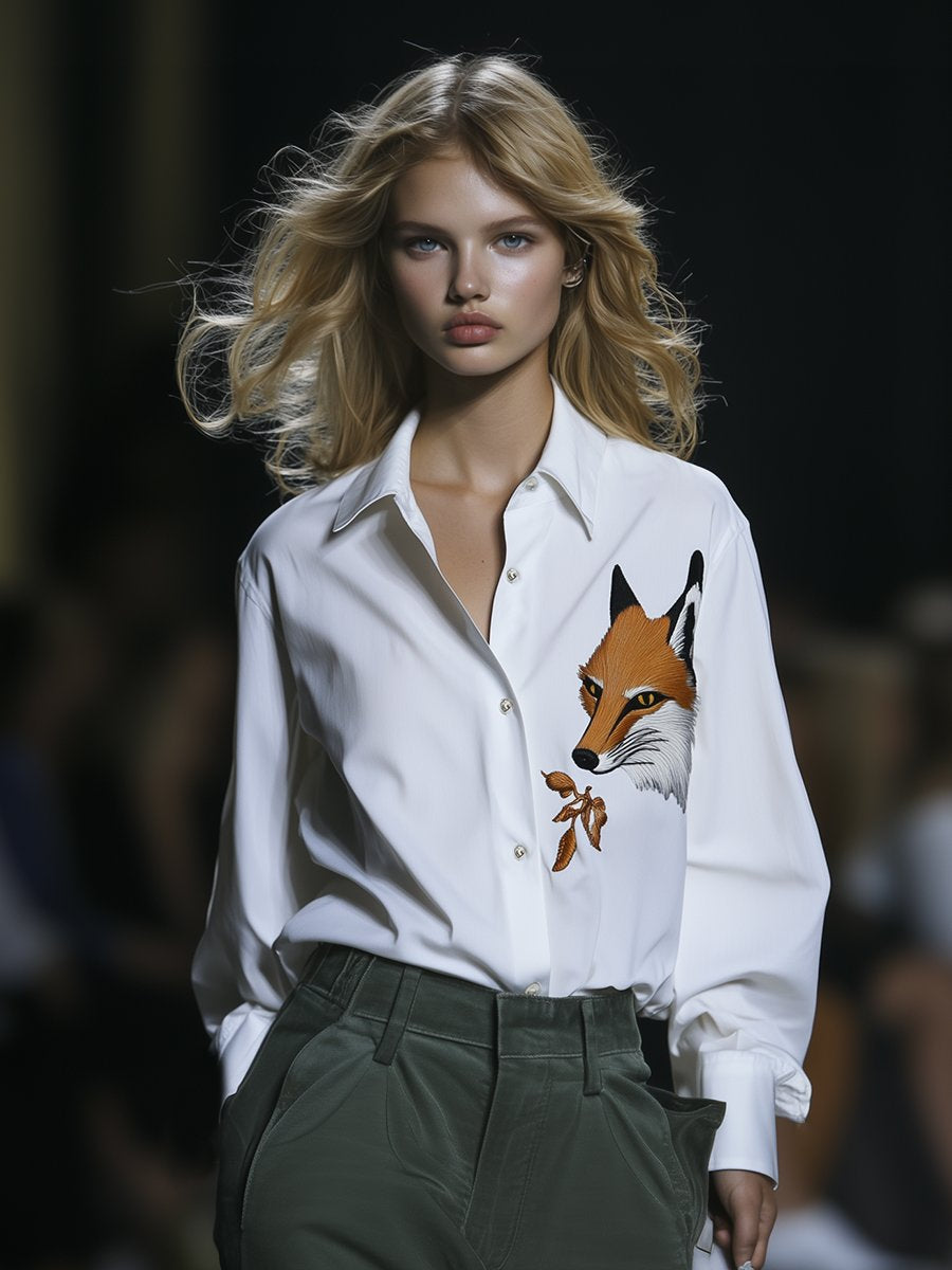 Casual Loose Fashionable Fox Embroidered Shirt