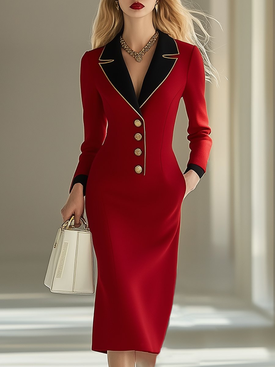 High-End Fashionable Temperament Metal Button Red Woolen Midi Dress