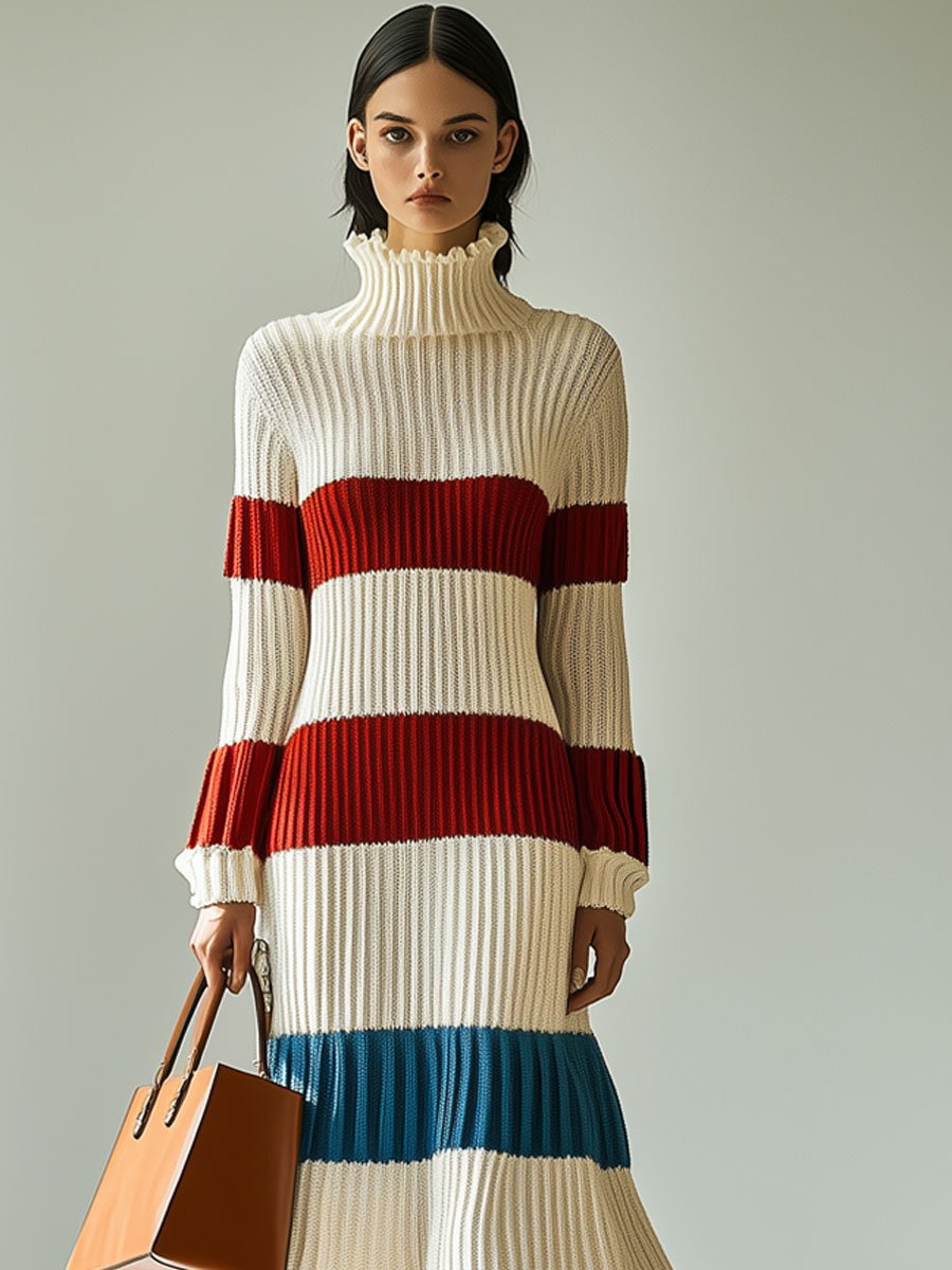 Fashion Retro Colorful Striped Turtleneck Long Sleeve Knitted Midi Dress