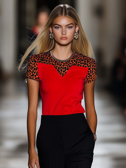 Fashion Personality Short Sleeve Leopard Print Patchwork Red Tight T-shirt