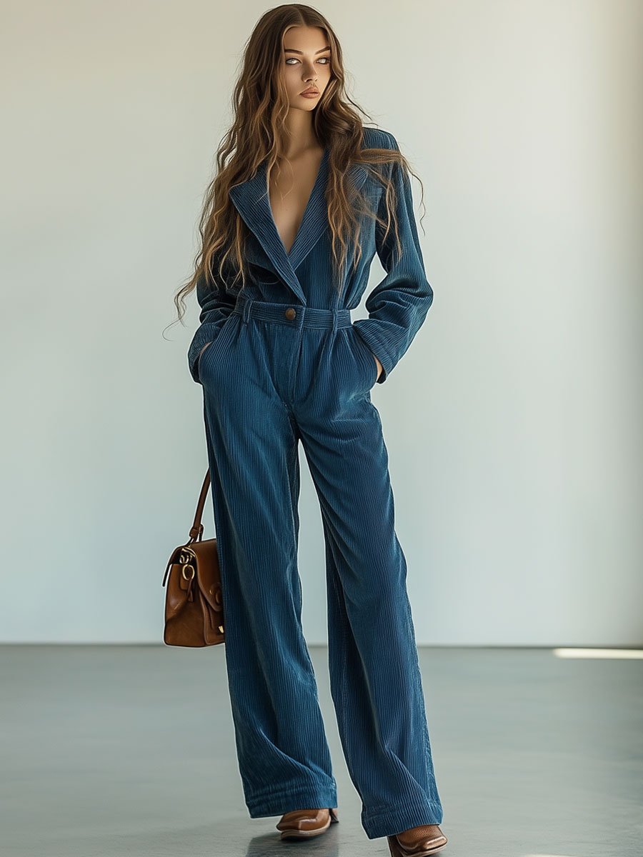 Casual Loose Retro Solid Color Corduroy Lapel Long Sleeve Pocket Jumpsuit