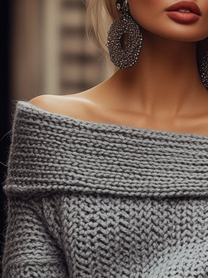 Retro Fashion One Shoulder Long Sleeve Textured Knitted Sweater