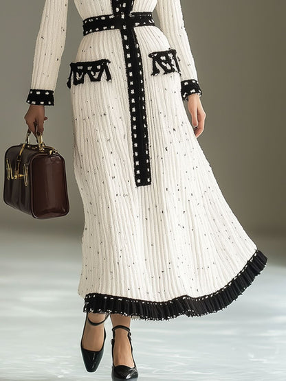 Fashion Retro Black And White Color Matching Knitted Long Sleeve Maxi Dress