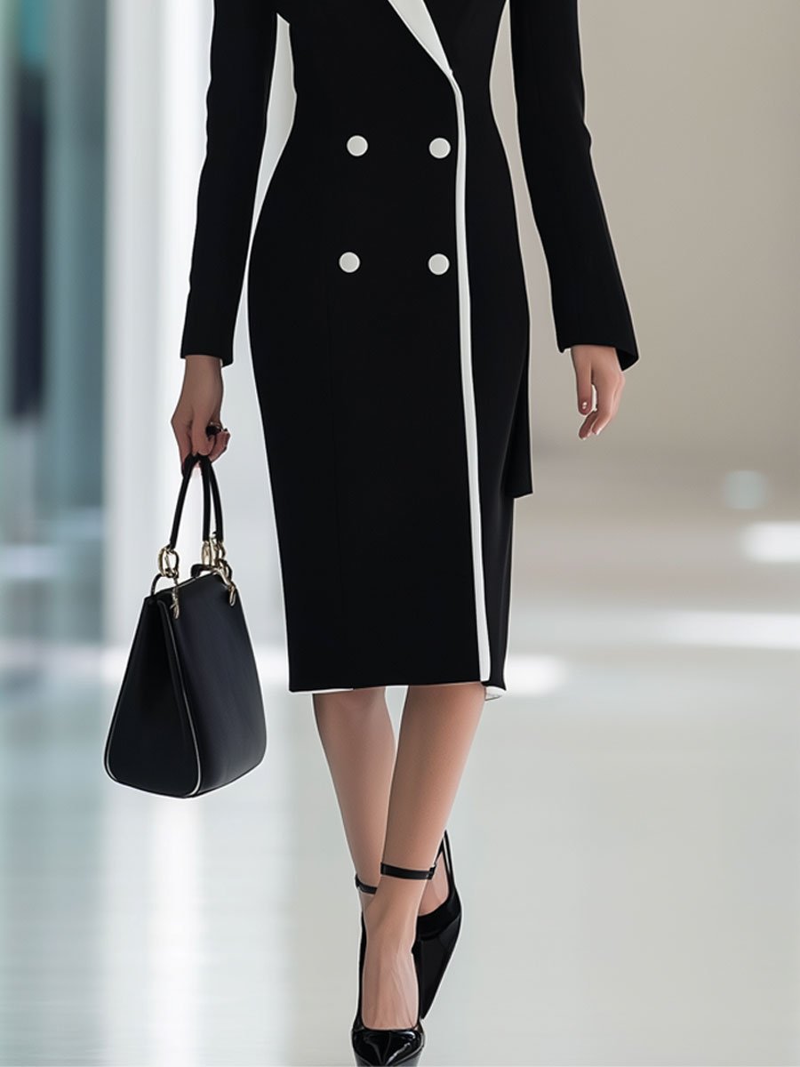 Casual Fashion Retro Black And White Color Matching Trench Coat Style Mini Dress