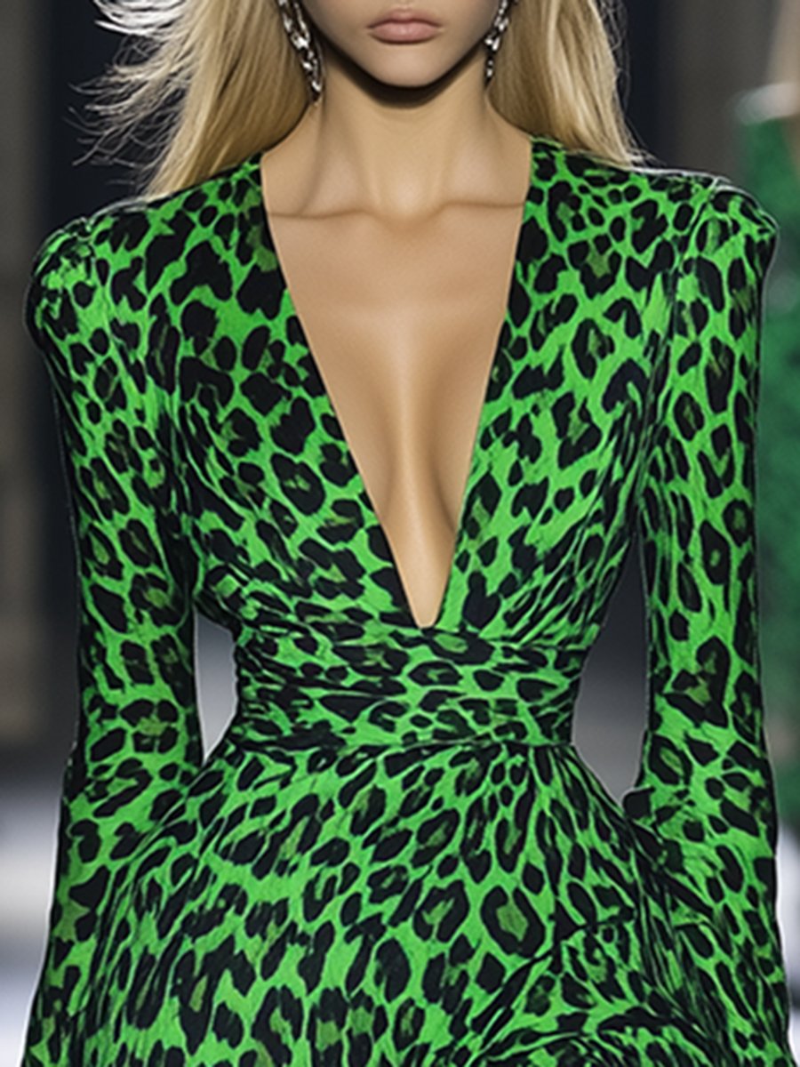 High-End Fashionable V-Neck Slit Green Leopard Print Midi Dress