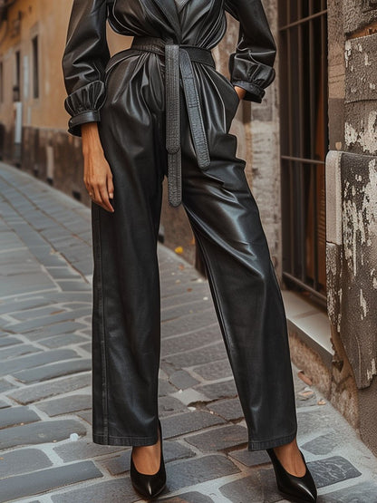 Relaxed Loose Belted Long Sleeve Leather Jumpsuit