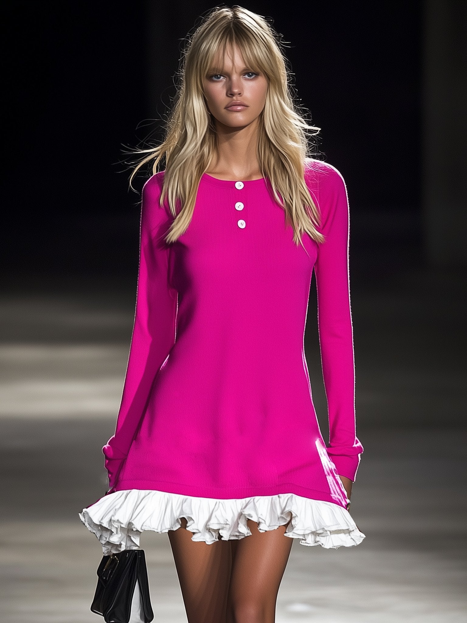 Lively Pink Ruffle Hem Long Sleeve Mini Dress