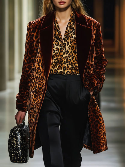 Casual Loose Retro Velvet Leopard Print Colorblock Lapel Suit Coat